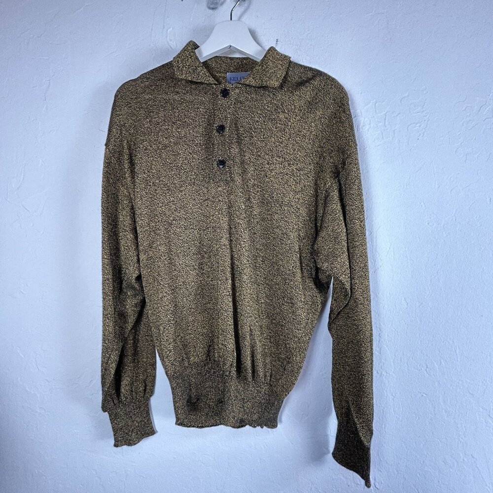 Vintage Kenzo Paris Polo Shirt Medium M Gold & Black Cotton Viscose Blend Made I